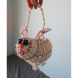 VTG HANDMADE EASTER BUNNY BEADED SAFETY PIN BASKET SPRING KITCH 9" LONG